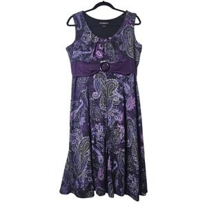 Covington 14 Purple Paisley Sleeveless Dress Empire Waist Midi‎ Fairygoth Retro